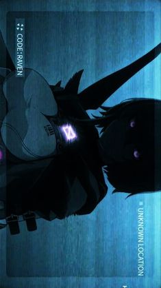 an anime character with glowing eyes and black hair, standing in front of a blue background