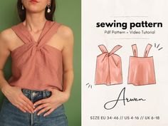 a woman wearing a pink top and jeans with her hands on her hips, standing next to an advertisement for sewing pattern