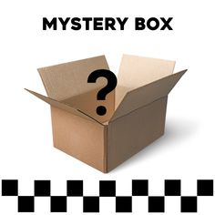 an open box with a question mark on it and the words mystery box written in black