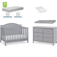 a baby crib, dresser and changing table are shown with the mattress on top