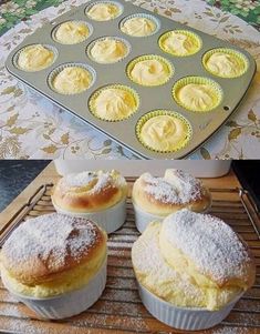 there are several muffins in the pan and one has powdered sugar on top