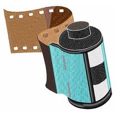 an image of a coffee cup and film strip machine appliqued on a white background