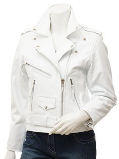 Women's White Lambskin Leather Zip Up Moto Biker Jacket Many Details Plus Size - Coats & Jackets White Biker Jacket Outfit, White Leather Biker Jacket, Motorcycle Jacket Outfit, Biker Jacket Outfit, White Motorcycle, Moto Biker Jacket, Normal Clothes