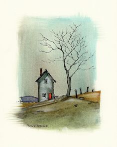 a drawing of a house with a tree in the foreground