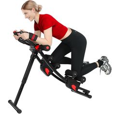 a woman is riding an exercise bike on a white background with red and black accents