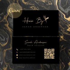 a black and gold marble business card with a golden foil logo on the front, along with a qr code for hair stylist