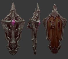 three different types of armor on a dark background, one with pink accents and the other with