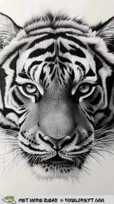 a black and white drawing of a tiger's face