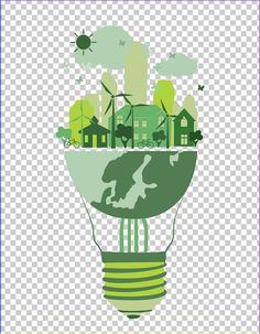 an electric light bulb with green houses and trees inside it, on a transparent background