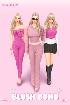 three women in pink outfits standing next to each other on a pink background with the words,