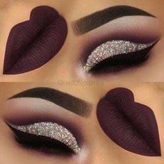 Best Eye Pencil, Silver Glitter Eye Makeup, Dark Purple Lipstick, Trendy Eyeshadow, Eyeshadow Tips, Glitter Lipstick, Glitter Eyeshadow Palette, Glitter Eye Makeup, Purple Lipstick