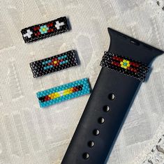 Stand out from the iWatch crowd with a beaded accent band! These will fit most iWatch bands and are beaded with Delica beads. Beaded Watch Bands Native American, Beaded Watch Bands, Beaded Watches Bracelet, Beaded Watches, Delica Beads, Bead Patterns, Brick Stitch, Friendship Bracelet Patterns, Apple Watch Band