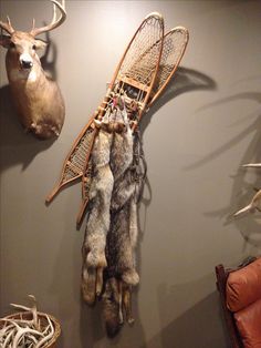 two deer heads mounted to the wall next to some skis and sleds