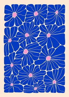 a blue and white flower pattern with pink centers on a beige background in square format