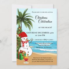 a christmas party card with a snowman on the beach