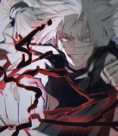 an anime character with white hair and black eyes, holding his hands behind his back