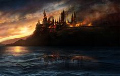 an image of a castle in the middle of the ocean at sunset with fire coming from it