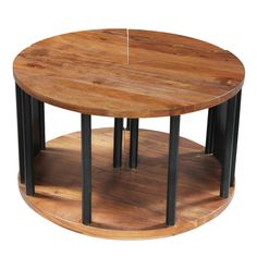 a round wooden table with metal legs and a wood top that has two black bars on each side