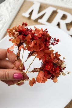 Dried flower hair pins for Fall autumn wedding theme, Autumn Wedding Theme, Rustic Wedding Hair Accessories, Rustic Wedding Hair, Red Hair Clips, Boho Bridal Hair, Rustic Wedding Hairstyles, Dried Flowers Wedding, Flower Hair Pins, Accessories Boho