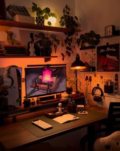 a desk with a computer monitor and keyboard on it