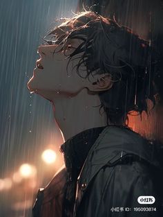 a young man standing in the rain with his head turned to the side and eyes closed