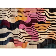 an abstract rug with wavy lines and shapes in pink, black, orange, yellow, green