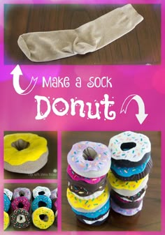 there are many different donuts that have sprinkles on them and the words make a sock