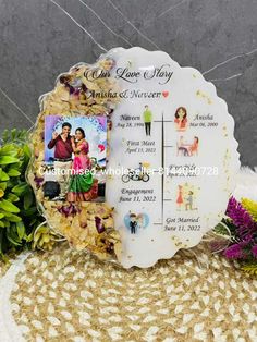 the wedding cake has been decorated with pictures and flowers