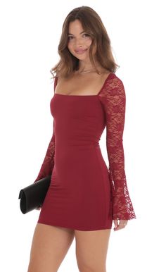 Lace Long Sleeve Bodycon Dress in Maroon | LUCY IN THE SKY Winter Ball Dresses High School, Short Dresses Long Sleeve, Long Sleeve Hoco Dress, Winter Ball Dresses, Lace Bodycon Dress Long Sleeve, Long Sleeve Homecoming Dresses, Winter Formal Dresses, Lucy In The Sky, Winter Formal