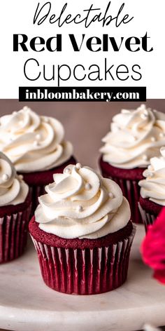 red velvet cupcakes with white frosting on a cake platter and text overlay