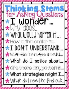 a pink and black poster with the words, thinking systems for asking questions i wonder