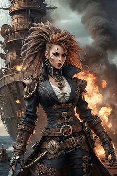 a woman with dreadlocks is standing in front of a pirate ship on fire