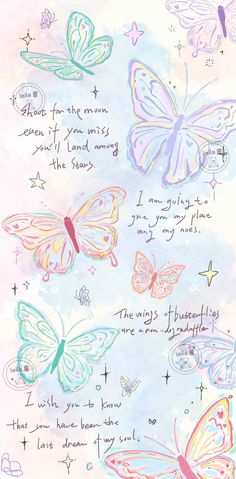 an image of some butterflies flying in the sky with words written on it and stars