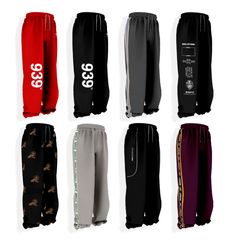 nine pairs of sweatpants with the same logo on each side, all in different colors