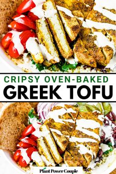 crispy oven baked greek tofu with tomatoes and lettuce