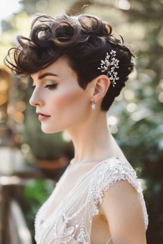 a woman with short hair wearing a wedding dress and earrings on her head, looking off to the side