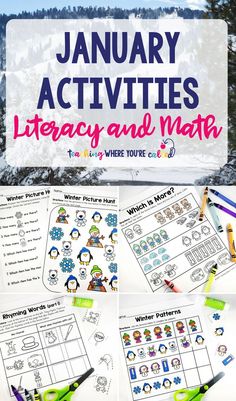 Easy to use, fun math and literacy printable activities for kids. These worksheets are perfect to use with preschool, kindergarten, or first grade students. January Activities For Kids, Daycare Curriculum, Centers For Kindergarten, Preschool Winter, Kindergarten Language Arts, Snow Activities, Special Education Elementary, Phonics Instruction