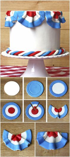 the steps to make a patriotic cake with red, white and blue icing on it