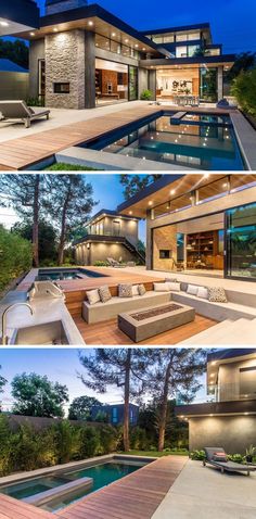 three different views of a modern house with pool and outdoor seating area in the foreground