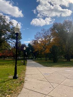 a street light sitting on the side of a road next to a grass covered park