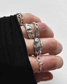 The full collection of whimsical rings ʼKrakozʼ is available in this list https://spiritualshimaya.etsy.com/listing/1836344520 The Basic Rings line -- thin, middle, and chunky bands of organic cast -- is available in the list at the link https://spiritualshimaya.etsy.com/listing/1687515593 The collection "One of a Kind Rings" that I created as unique, one-of-a-kind pieces is available at this link https://www.etsy.com/shop/SpiritualSHIMAYA?section_id=50970096 More the ʼSilver Funky Ringsʼ is her Stacking Silver Rings, Unique Silver Rings For Women, Ring Stacking Silver, Silver Ring Inspiration, Stacked Silver Rings, Grunge Rings Aesthetic, Chunky Ring Stack, Chunky Silver Rings Aesthetic, Chunky Silver Ring