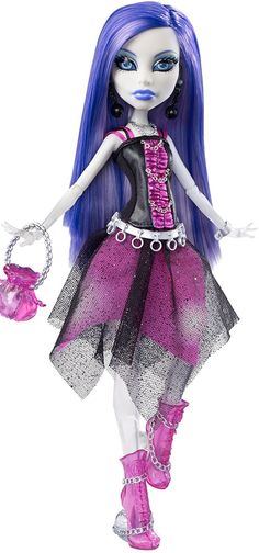 a doll with purple hair and blue eyes holding a handbag in her right hand