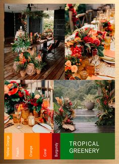 an image of a table setting with tropical greenery and flowers on it, including oranges, yellows, and green