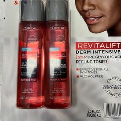 Loreal Revitalift Derm Intensives 5% Pure Glycolic Acid Peeling Toner 6oz 2pack. Smooth Skin In 40 Seconds And Reveal Glow Alcohol Free Silicone Free Paraben Free Dye Free For A.M And P.M Use Loreal Toner, Loreal Revitalift, Dye Free, Glycolic Acid, L Oreal, Skin Care Women, Paraben Free, Alcohol Free, Smooth Skin