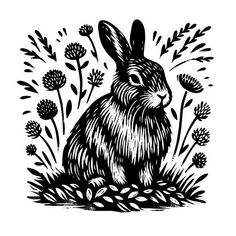 a black and white drawing of a rabbit sitting in the grass surrounded by wildflowers