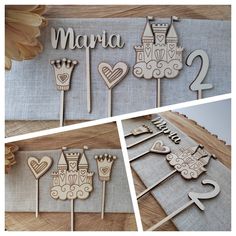 wooden cutouts with the words mama and two hearts on them, are shown in three different pictures