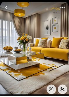 a living room filled with furniture and yellow accents