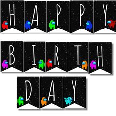 happy birthday banner with elephants and stars on black background, set of four banners for children's birthday party