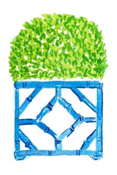 a drawing of a blue planter with green leaves on it's top and bottom