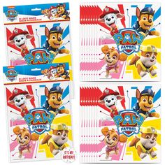 four paw patrol party napkins with cartoon characters on the front and back of them